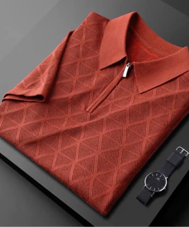 Men's Summer Diamond Plaid Knit Polo Shirt - Ice Silk, Breathable